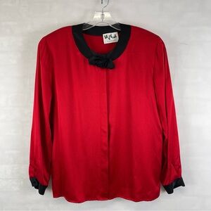 Talk of the Walk Silk Jacket Women’s 14 Red Black Polka Dot Bow Retro Blouse Top